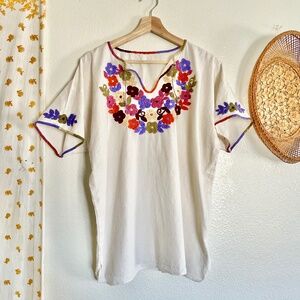 Vintage Mexican Embroidered Floral Blouse Ivory Cotton Huipil Boho Folk Tunic XL